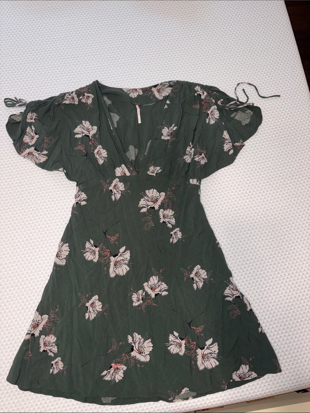 Free People Melanie Mini Dress -Olive Green Floral V-Neck